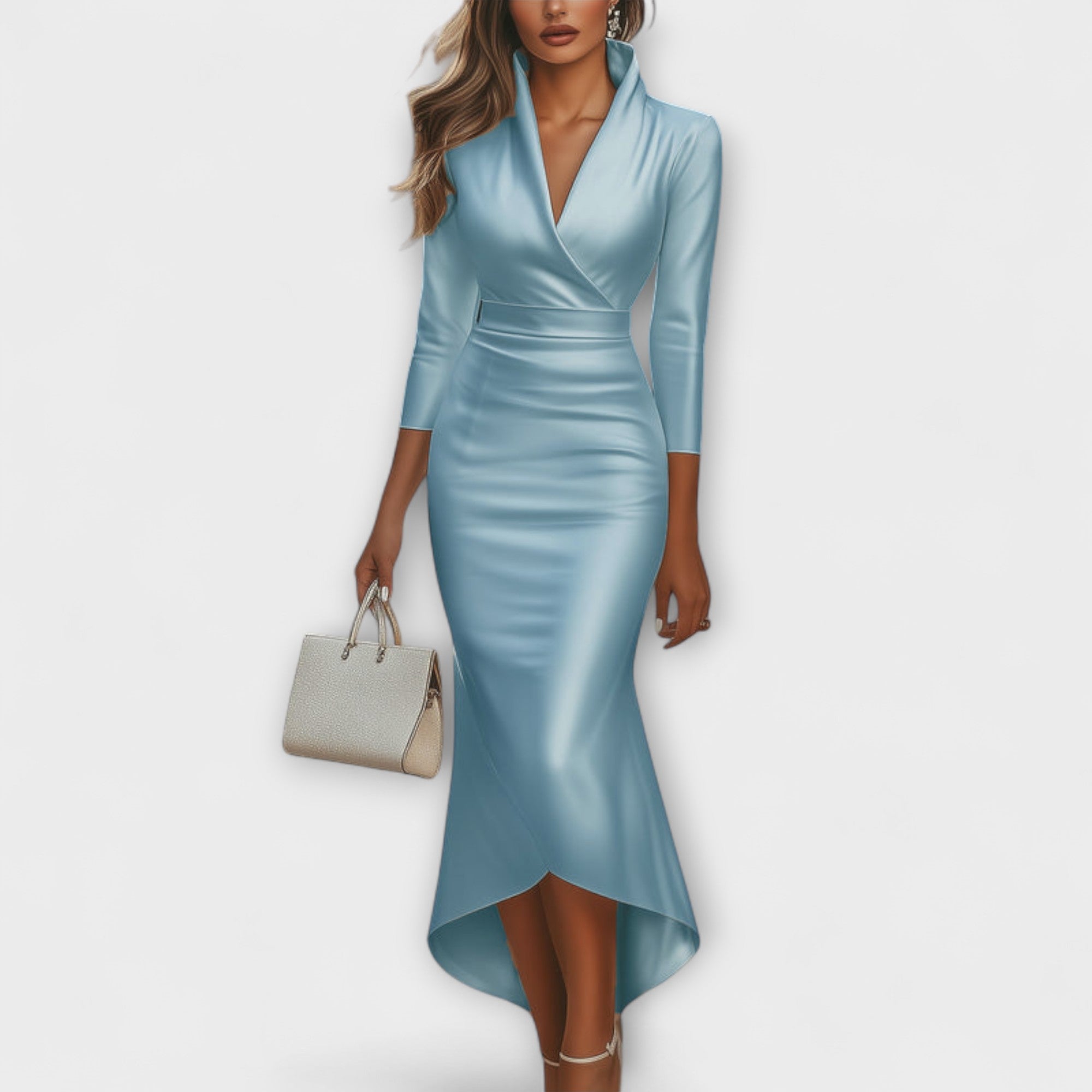 Rebecca - Elegant White Satin Midi Dress with V-Neck