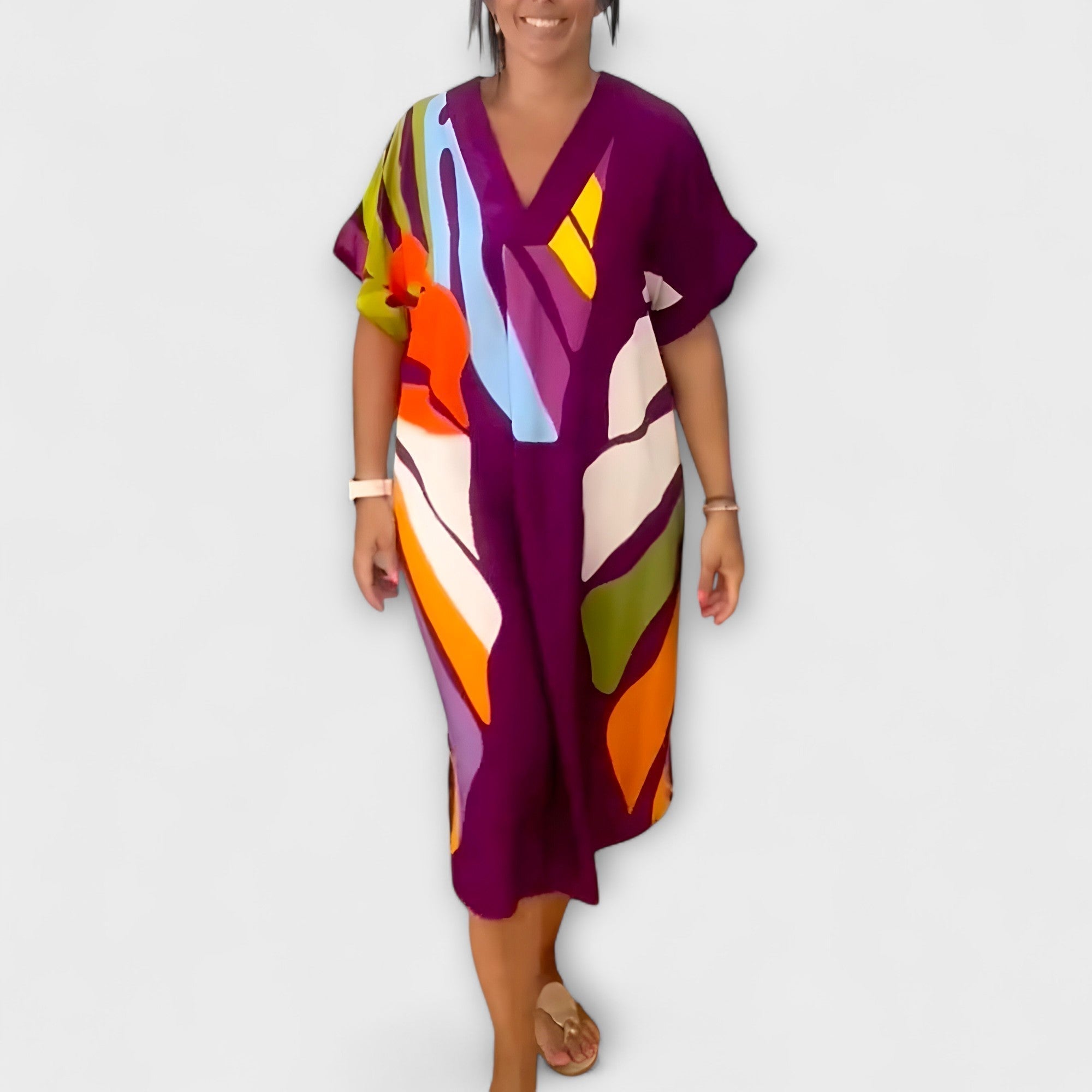 Roos - Casual Dress with Colorful Leaf Print