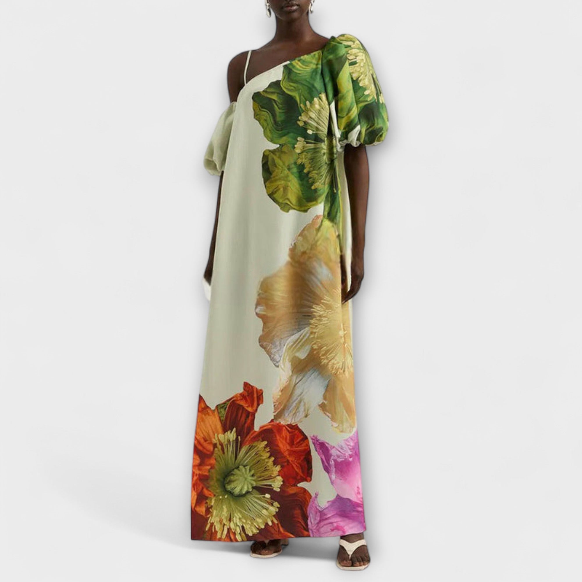 Skylar - Maxi Dress with Floral Print, Asymmetrical Neckline, and Puff Sleeves