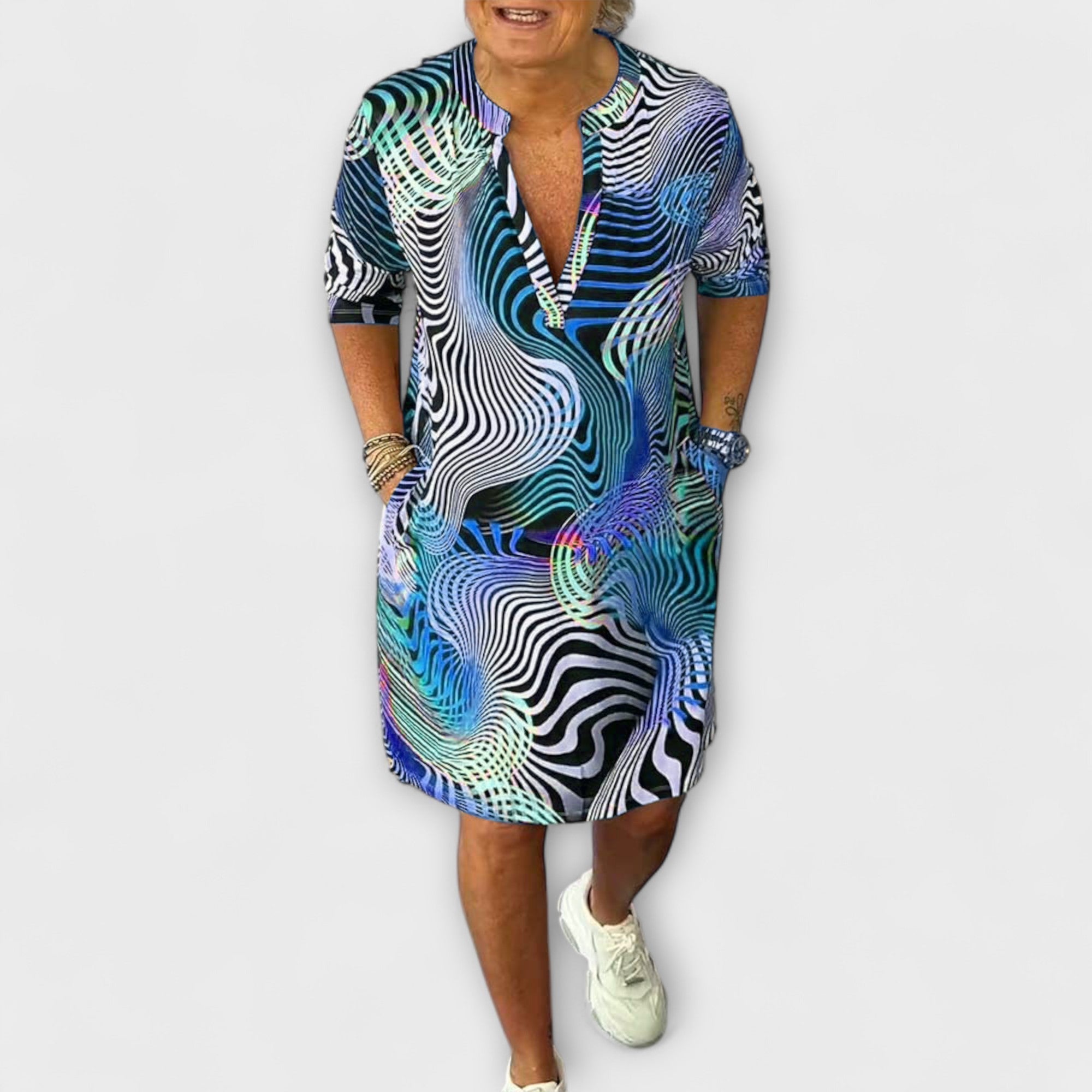 Liora - Colourful Dress with V-Neck and Elegant Draping
