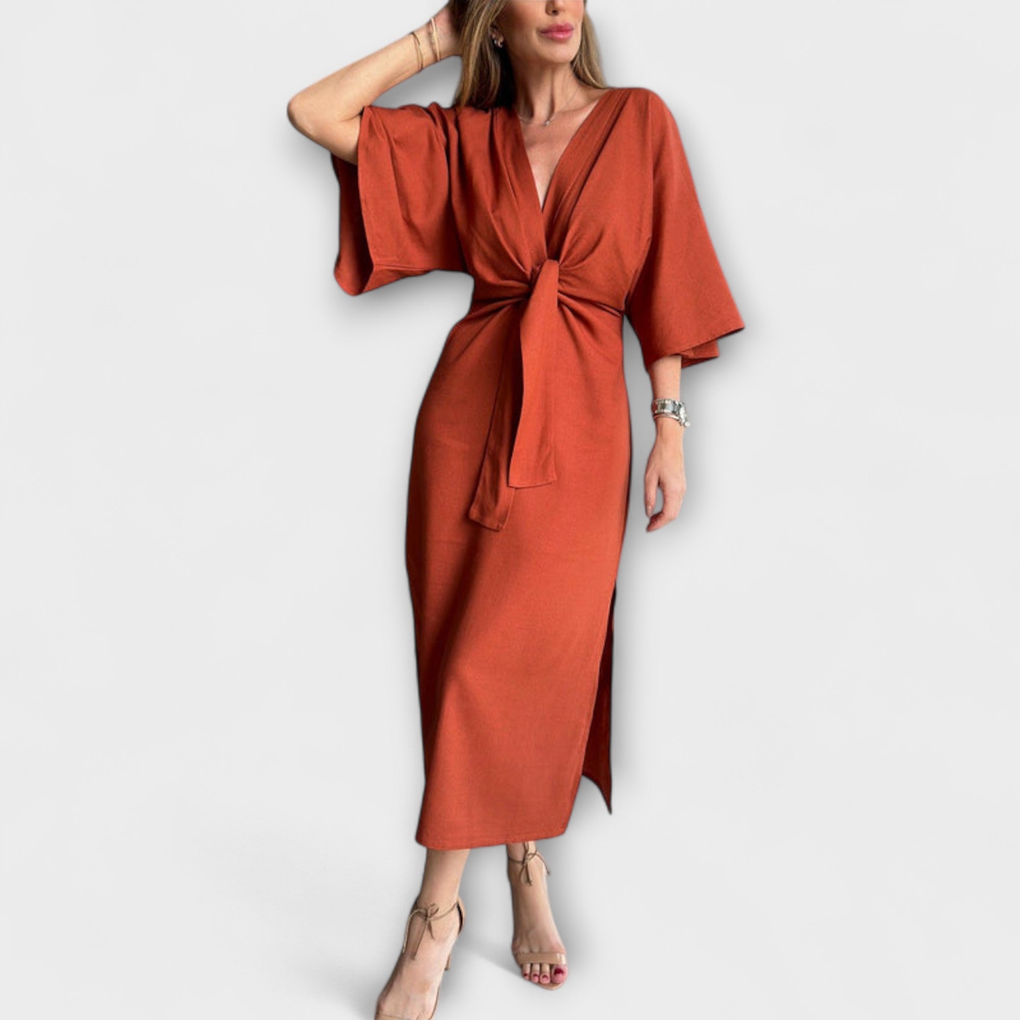 Holly - Casual V-Neck Dress Made of Cotton-Linen with Lacing