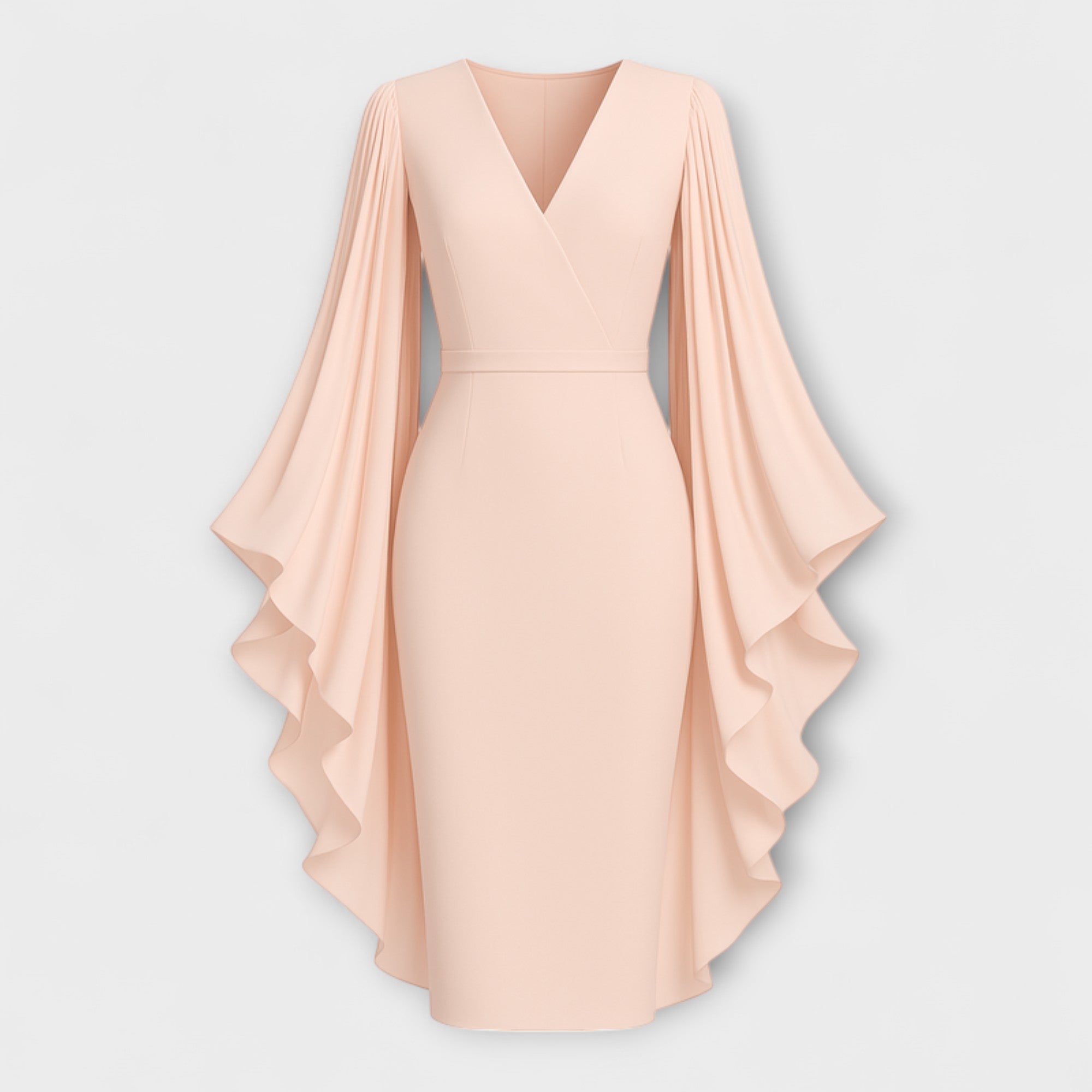 Rachel - Hellrosa Midi Dress with V-Neck and Chiffon Sleeves