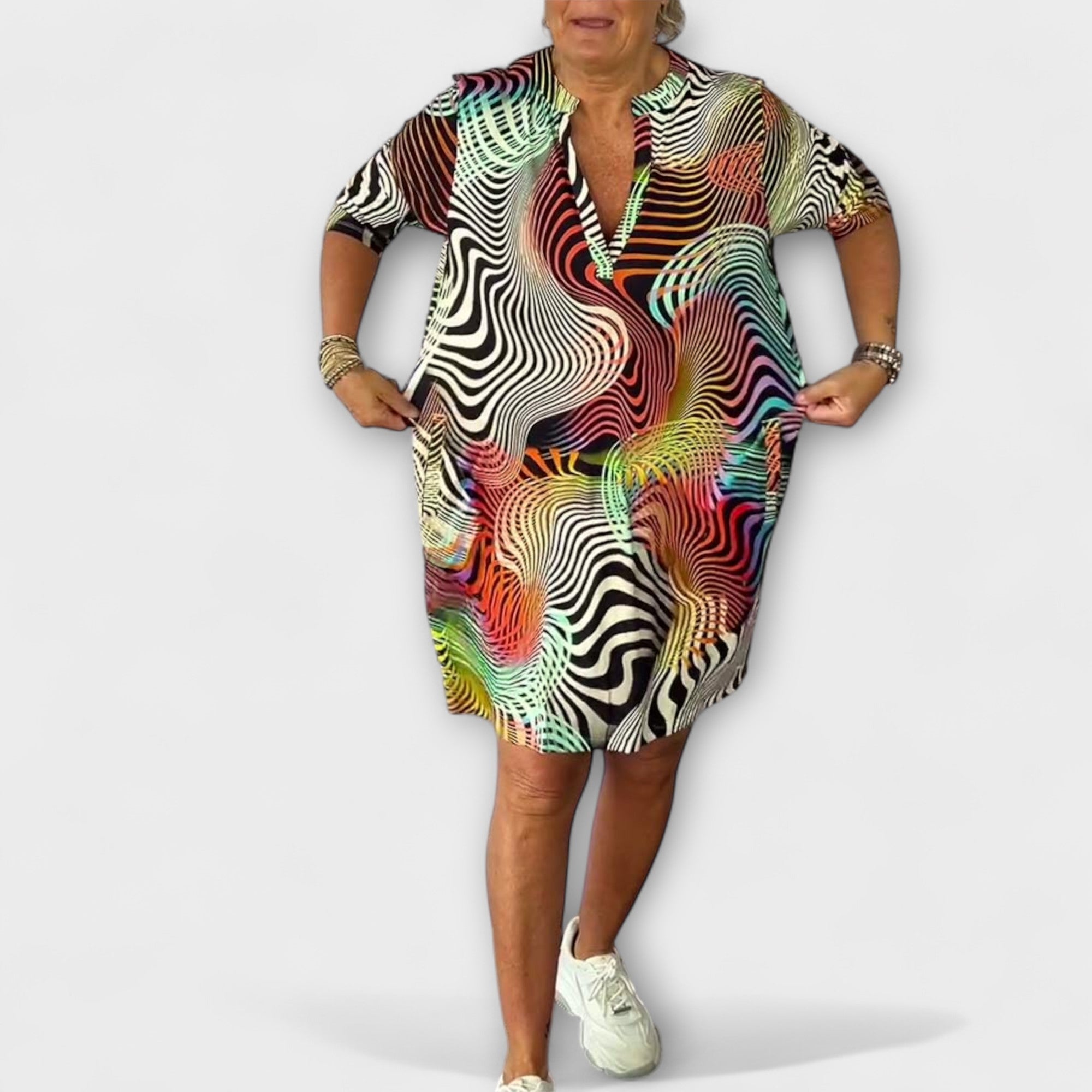 Liora - Colourful Dress with V-Neck and Elegant Draping
