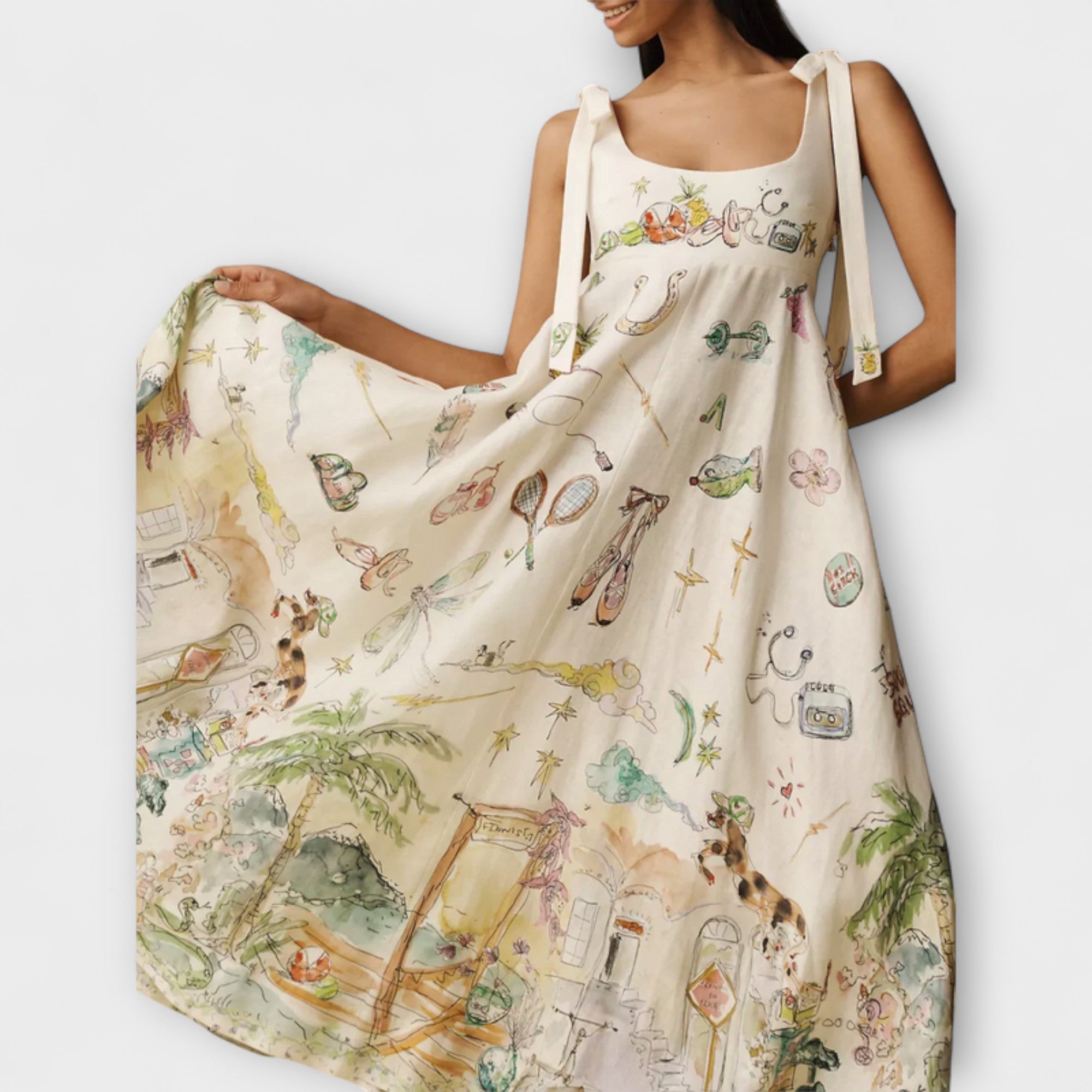 Juliette - Painted Linen Midi Dress with Ballet Band