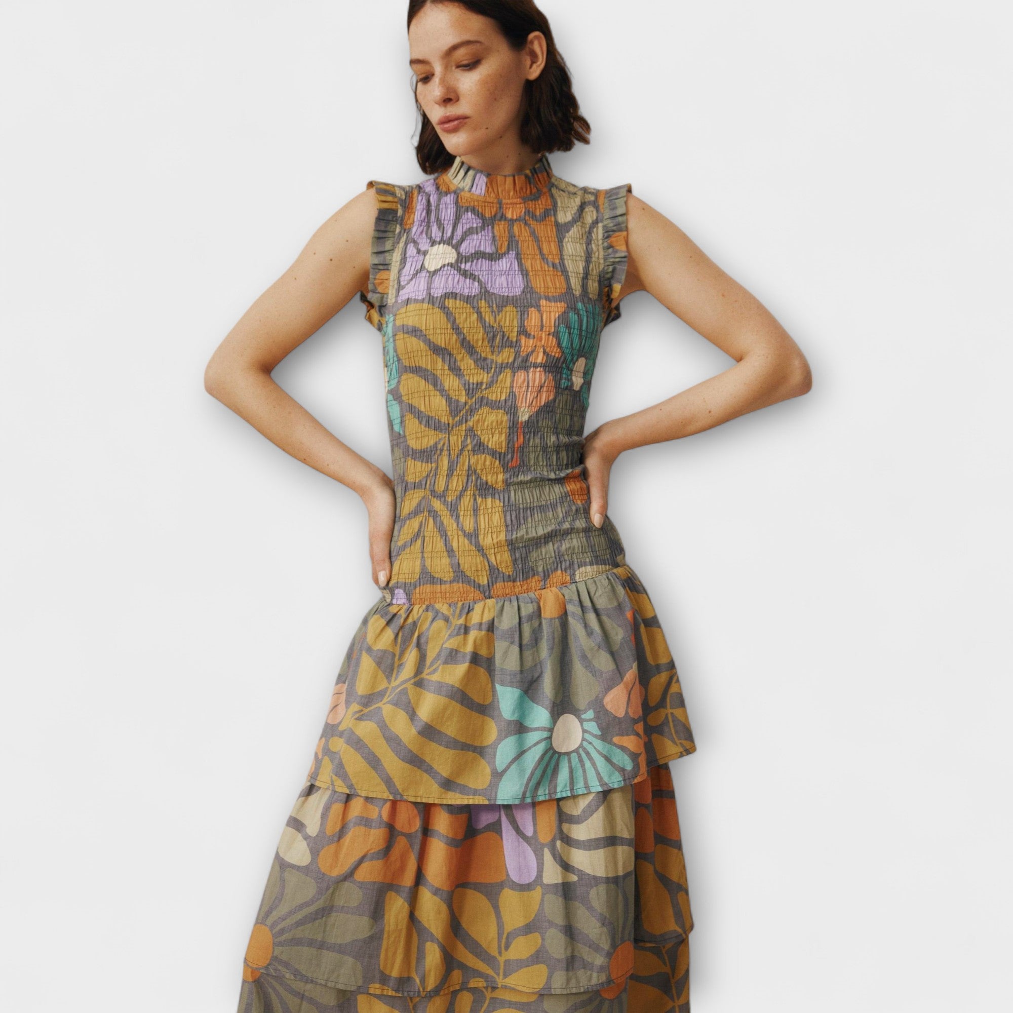 Multicolored Botanical Midi Dress