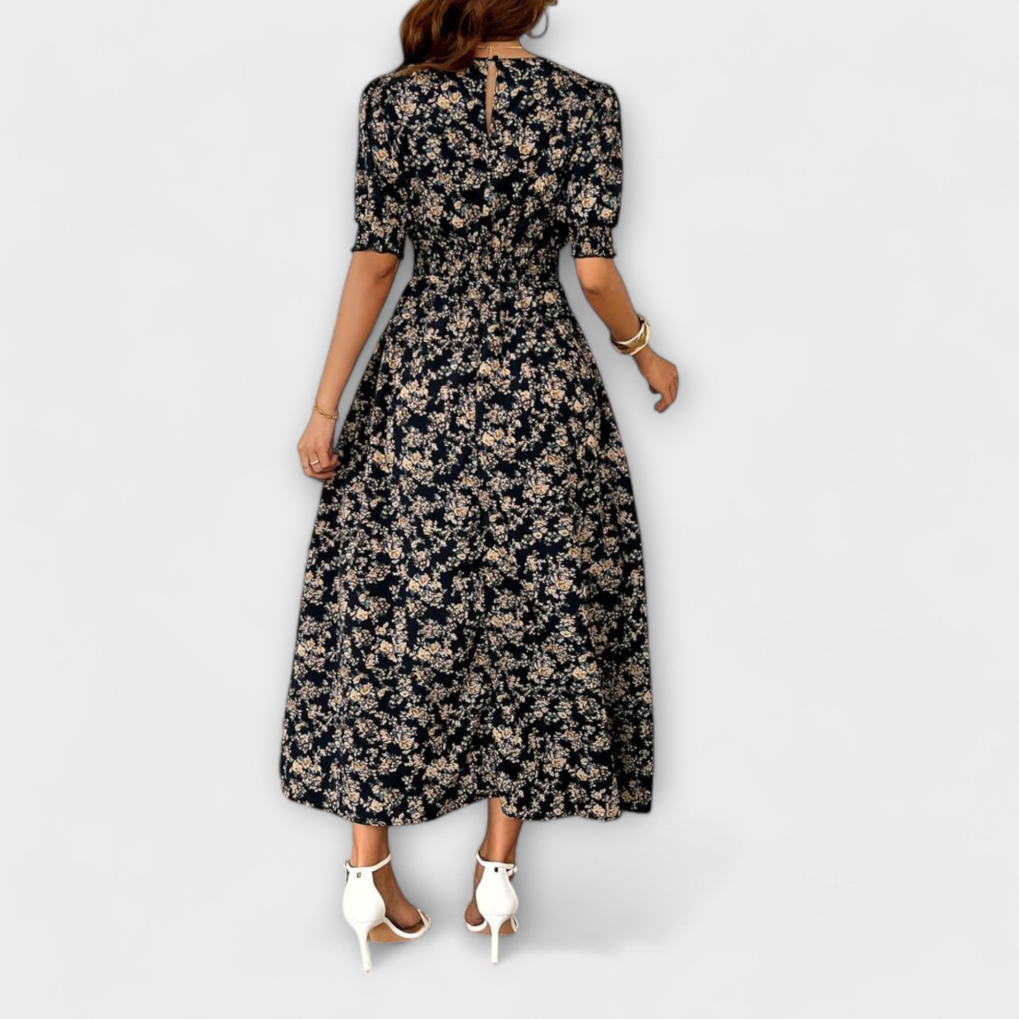 Dress with Round Neck and Floral Pattern