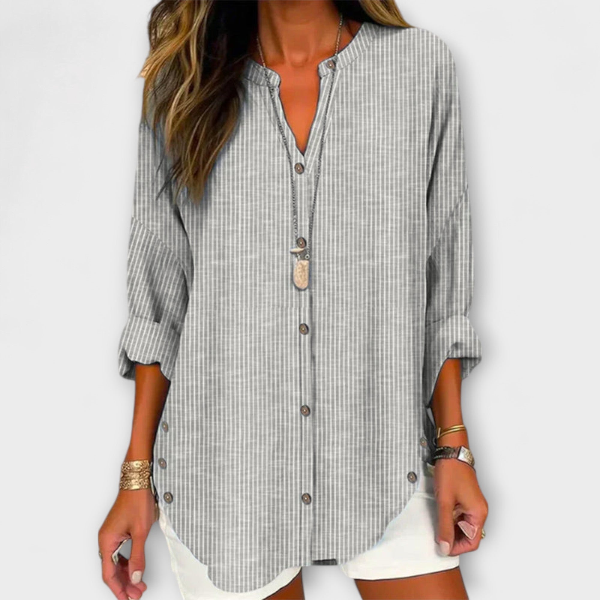 Lucida – Stylish V-Neck Top with Classic Striped Pattern