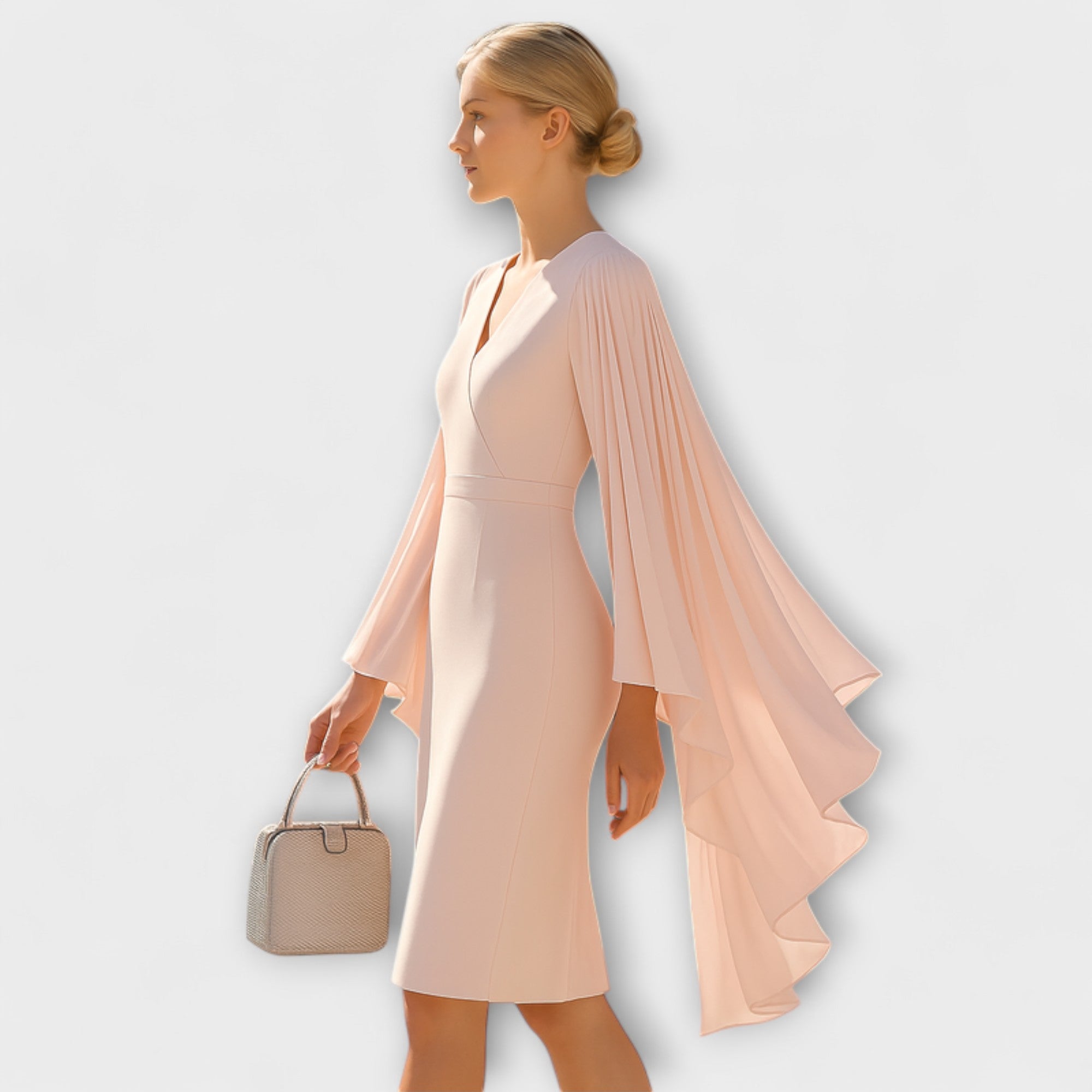 Rachel - Hellrosa Midi Dress with V-Neck and Chiffon Sleeves