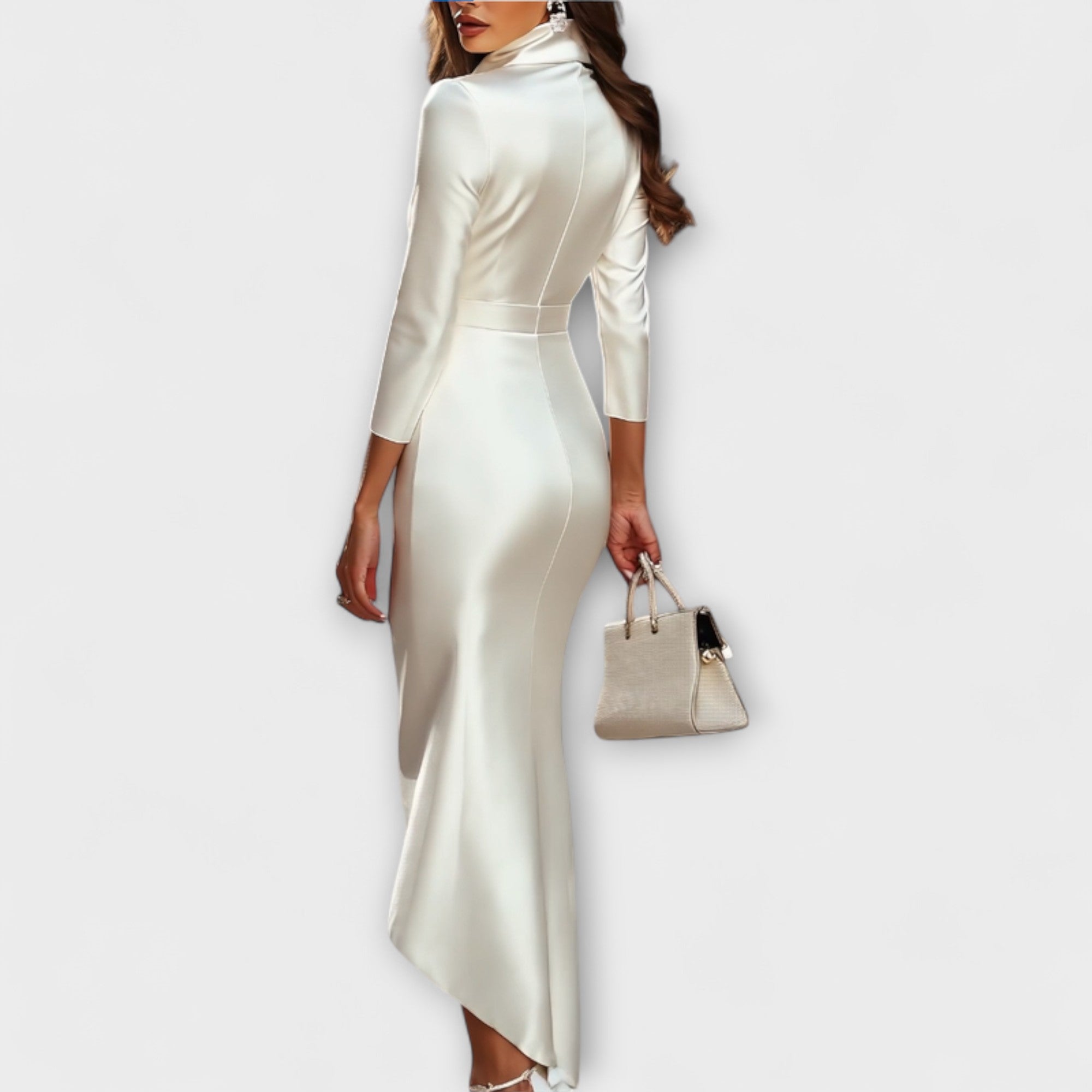 Rebecca - Elegant White Satin Midi Dress with V-Neck