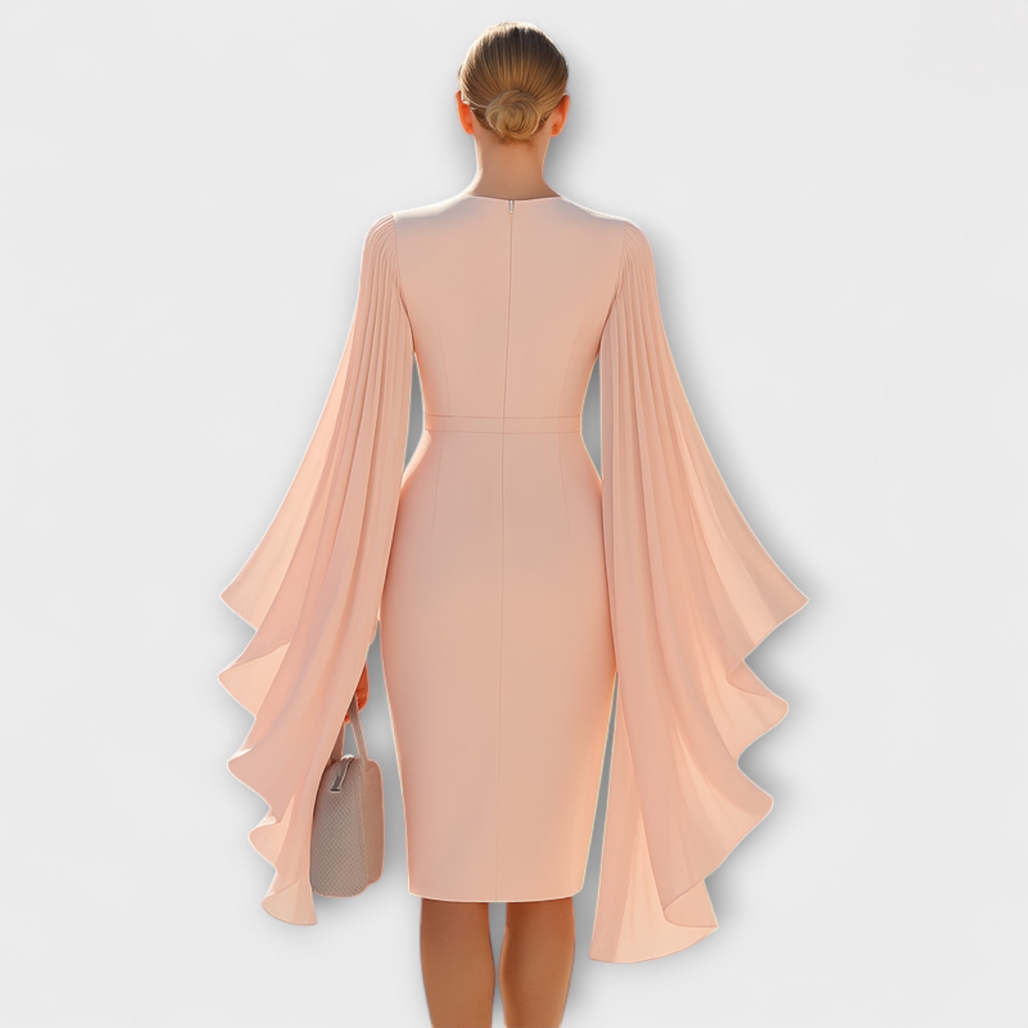 Rachel - Hellrosa Midi Dress with V-Neck and Chiffon Sleeves