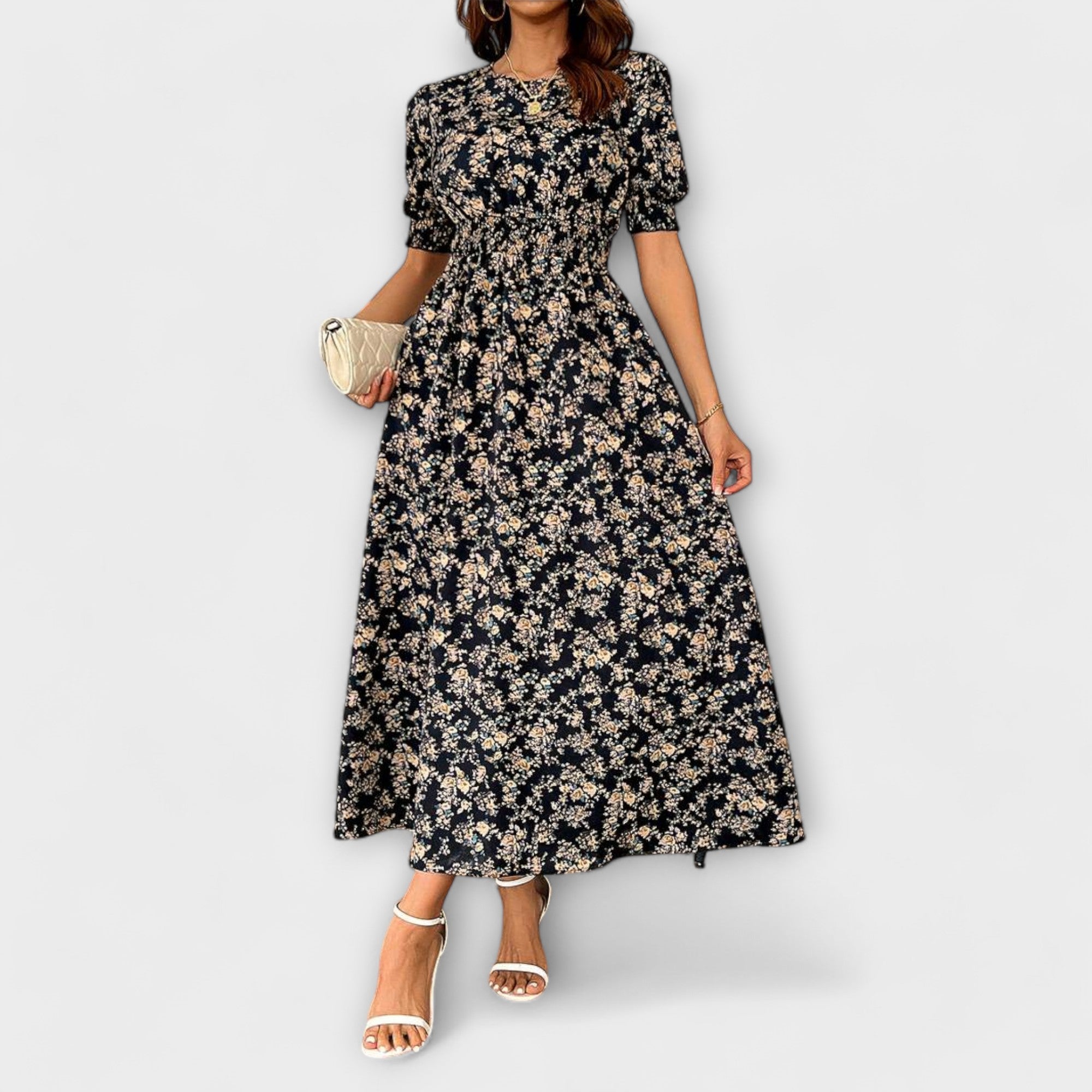 Amelia - Dress with Round Neckline and Floral Pattern