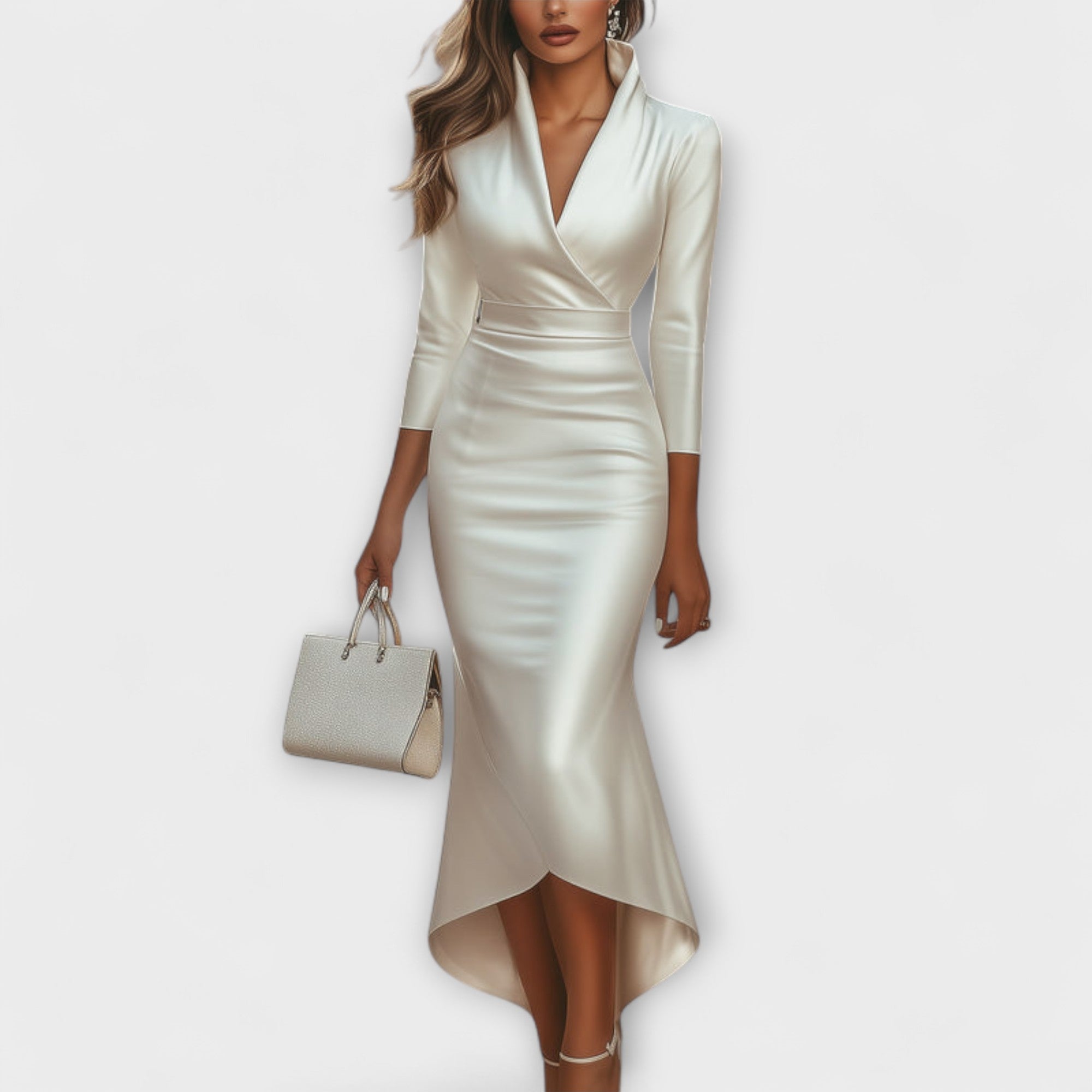 Rebecca - Elegant White Satin Midi Dress with V-Neck