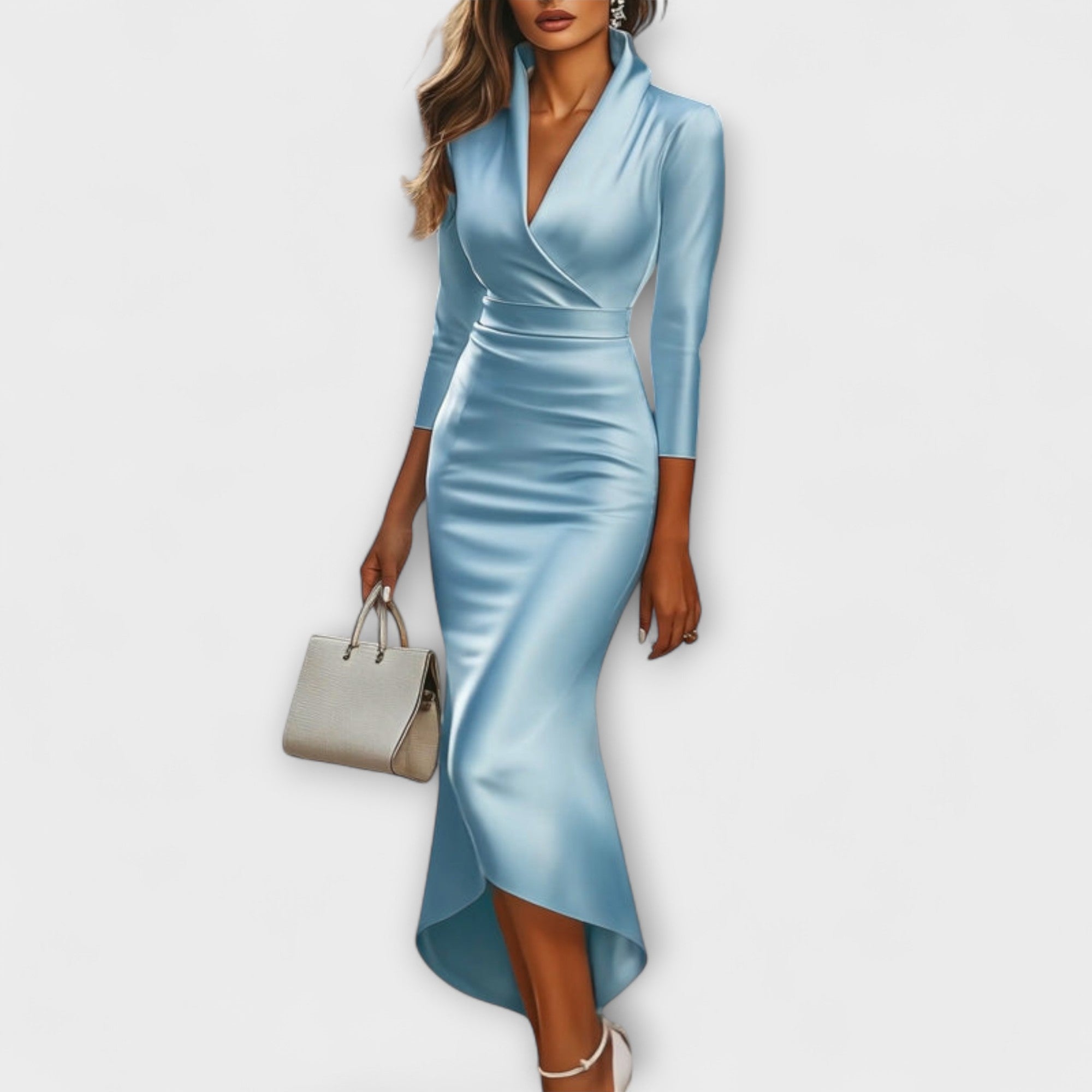 Rebecca - Elegant White Satin Midi Dress with V-Neck