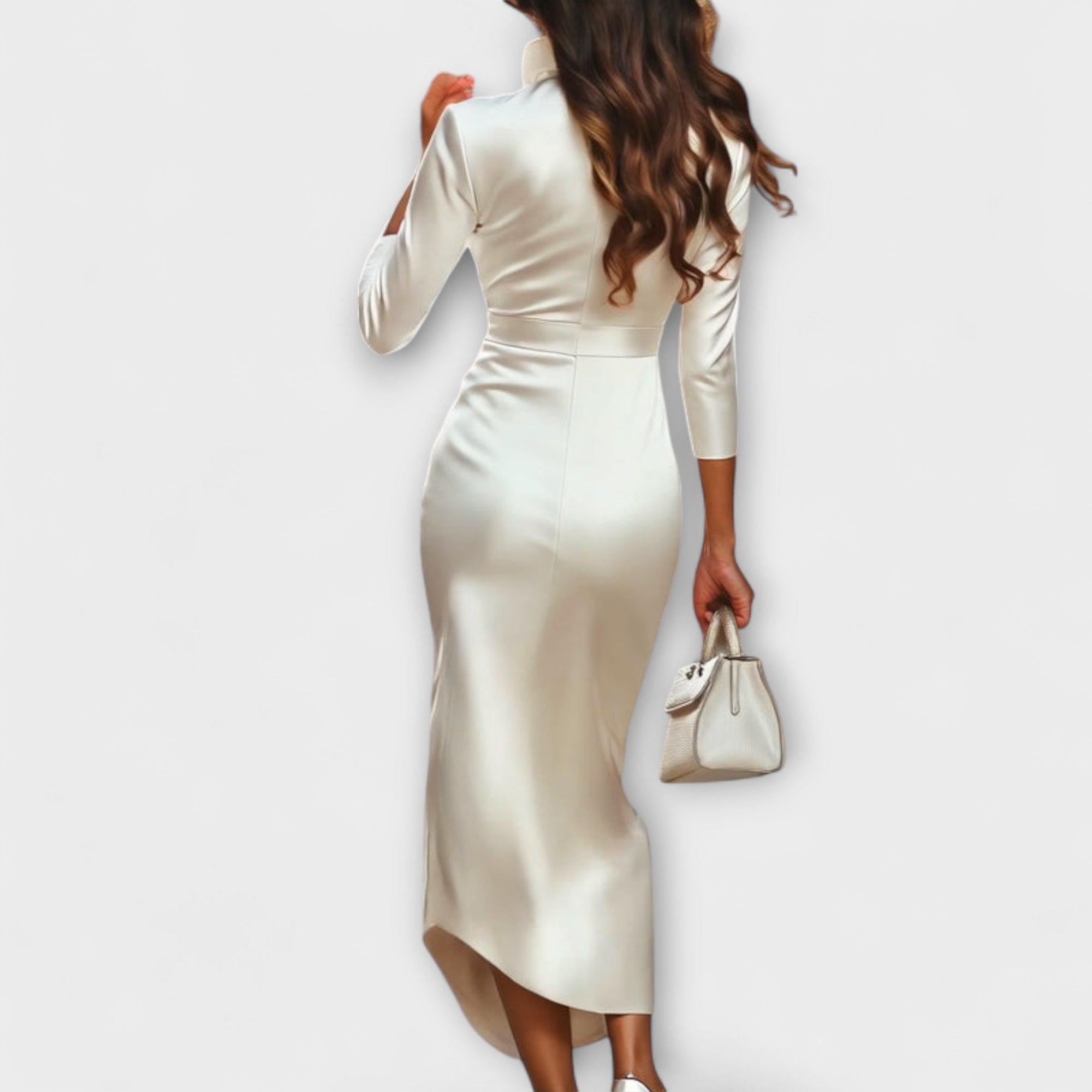Rebecca - Elegant White Satin Midi Dress with V-Neck