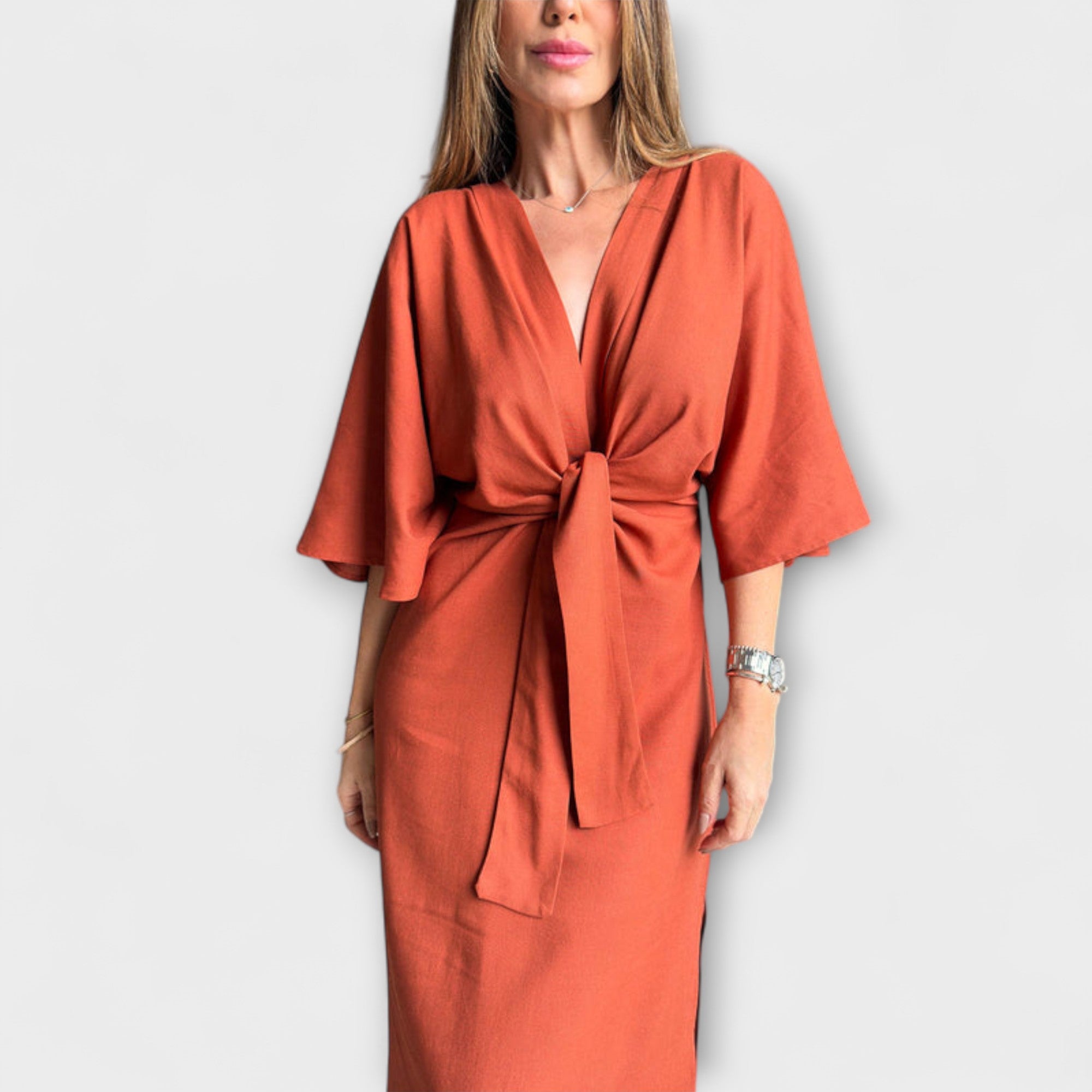 Holly - Casual V-Neck Dress Made of Cotton-Linen with Lacing