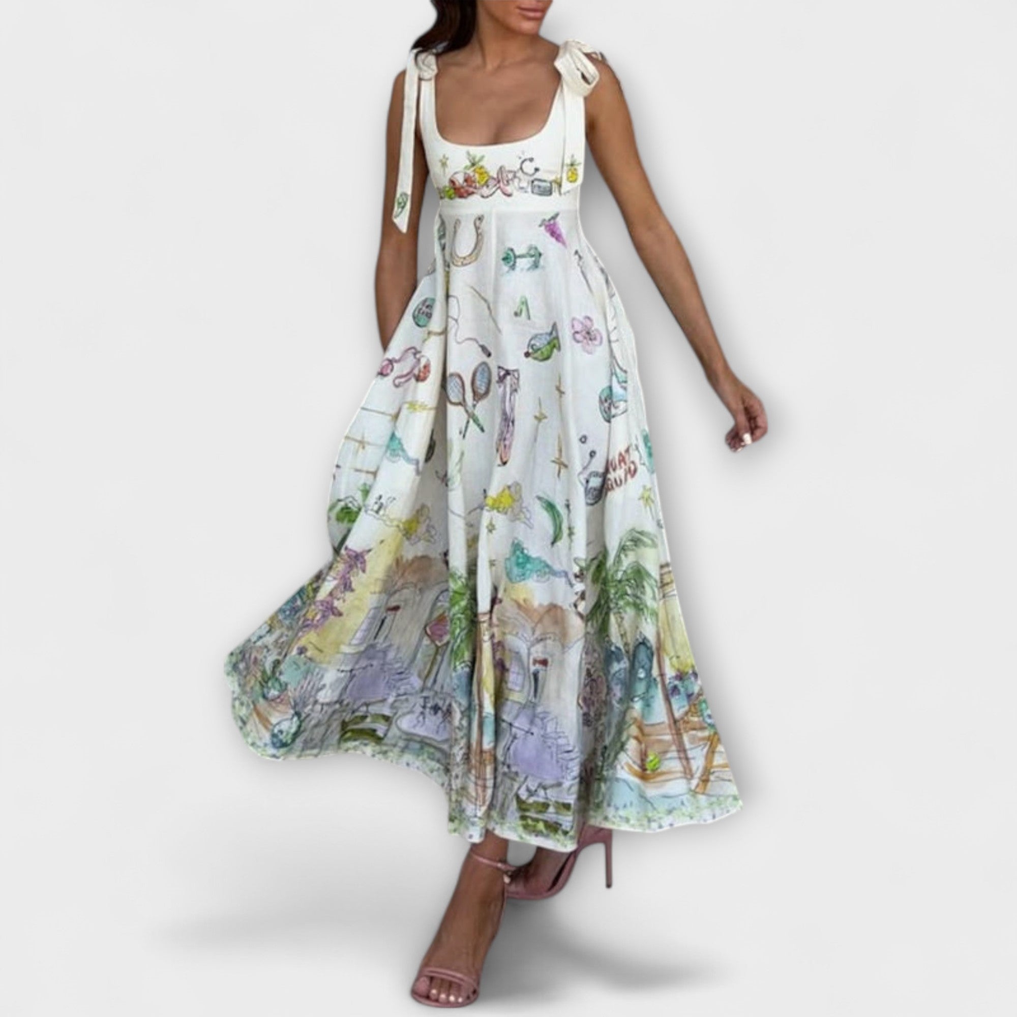 Juliette - Painted Linen Midi Dress with Ballet Band