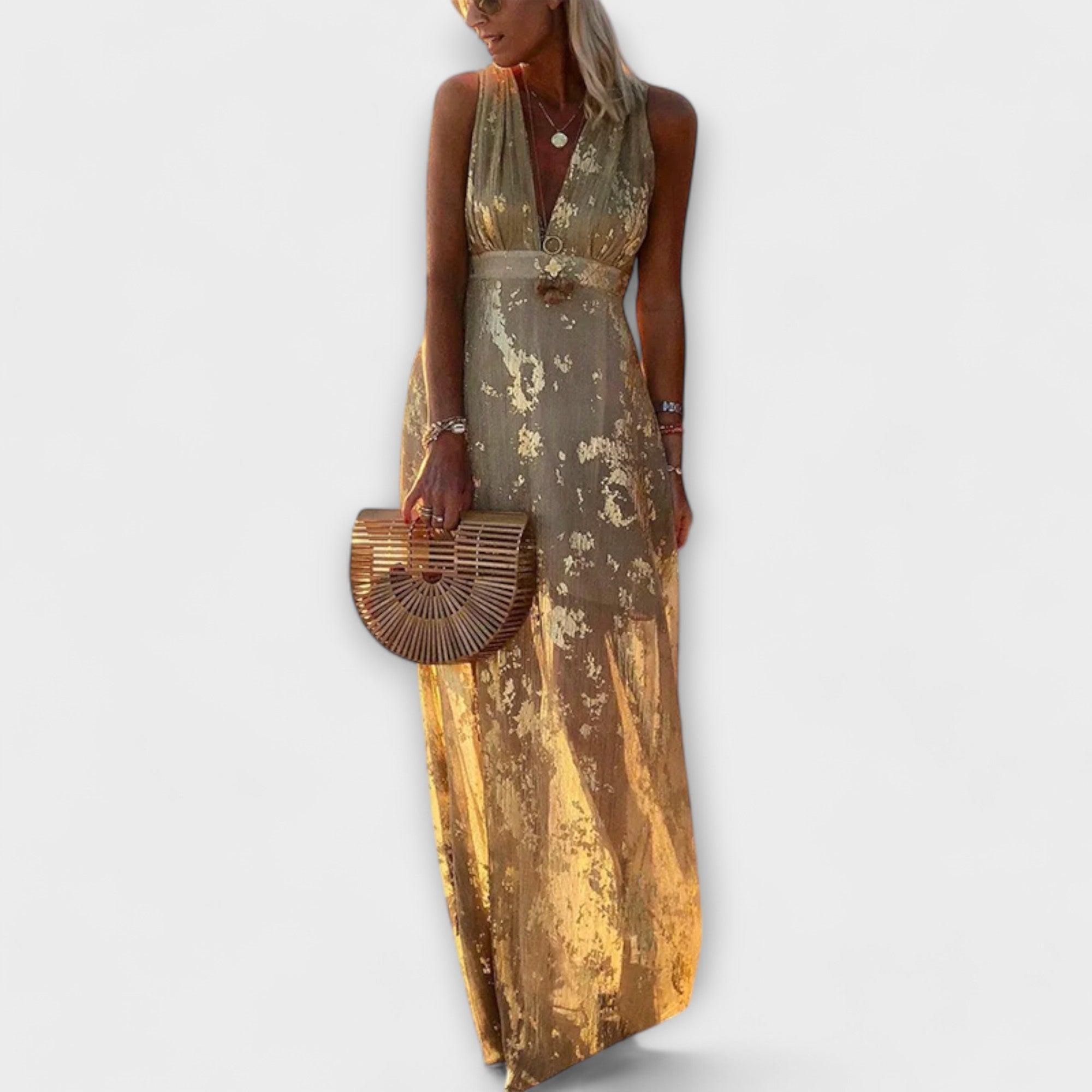 Flowing Dress with V-Neck and Sequin Details