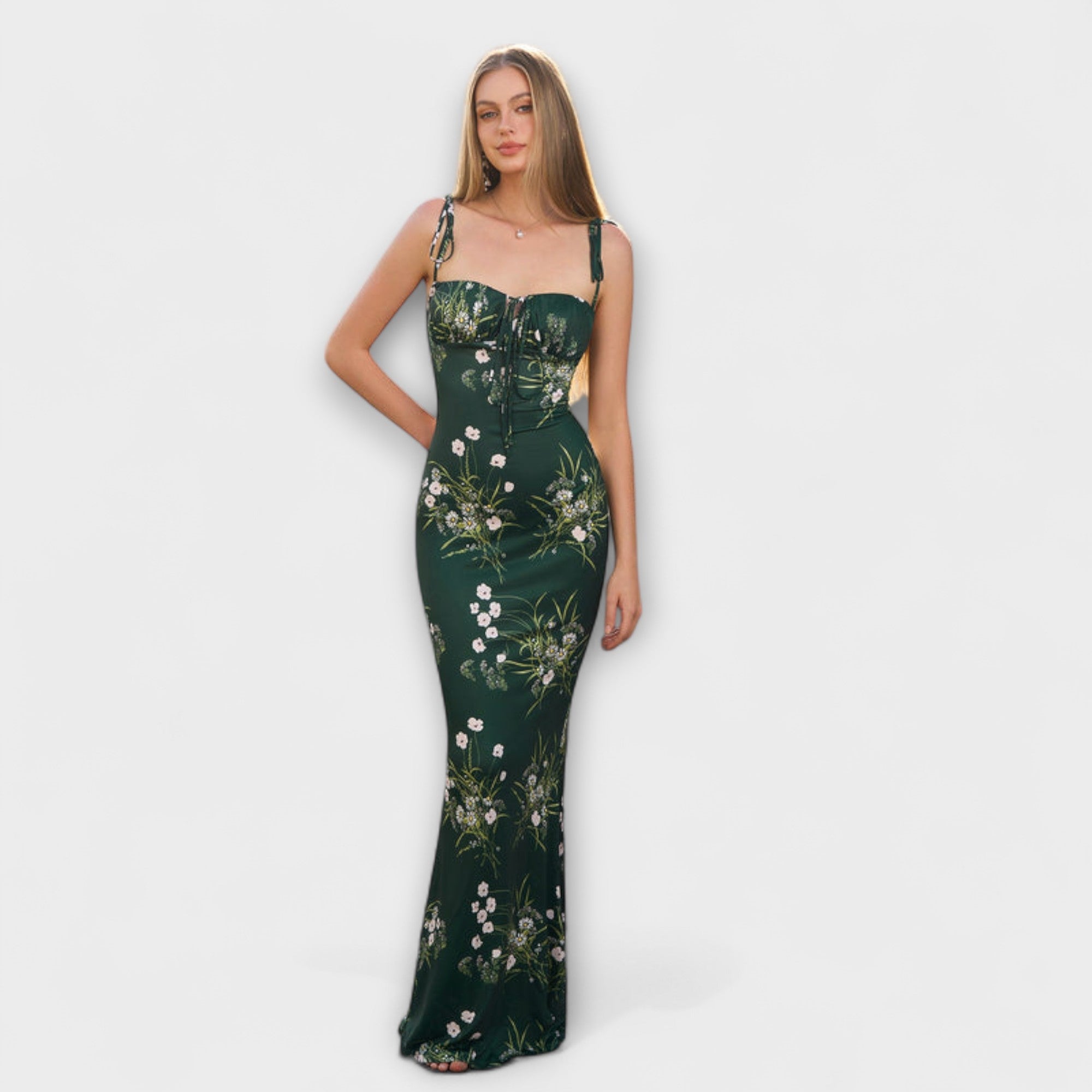 Thalia - Floral Print Prom Dress with Tied Shoulder Straps
