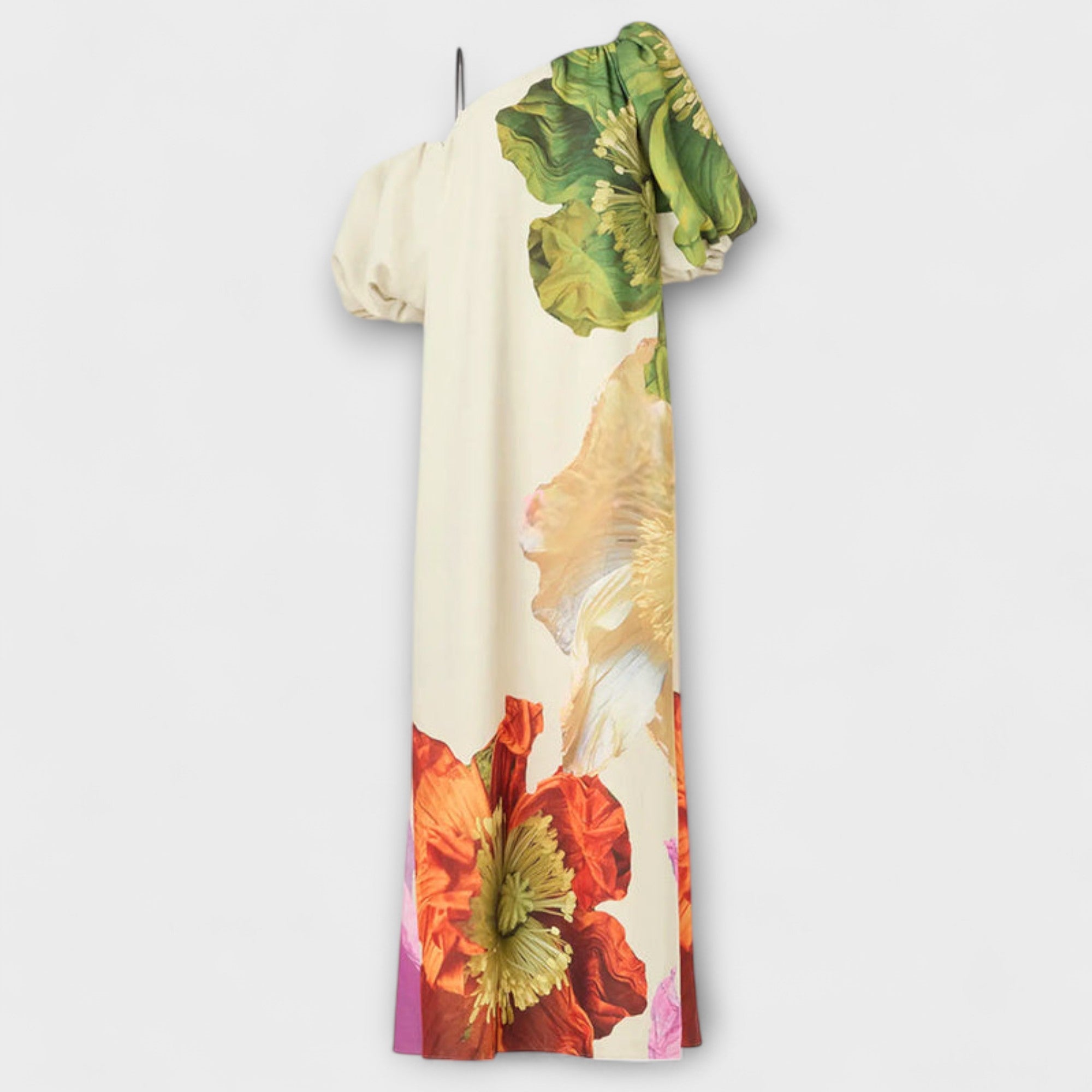 Skylar - Maxi Dress with Floral Print, Asymmetrical Neckline, and Puff Sleeves