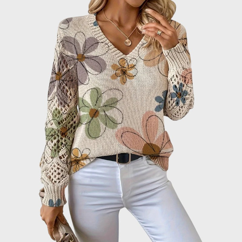 Sophia – Elegant V-Neck Floral Knit Sweater