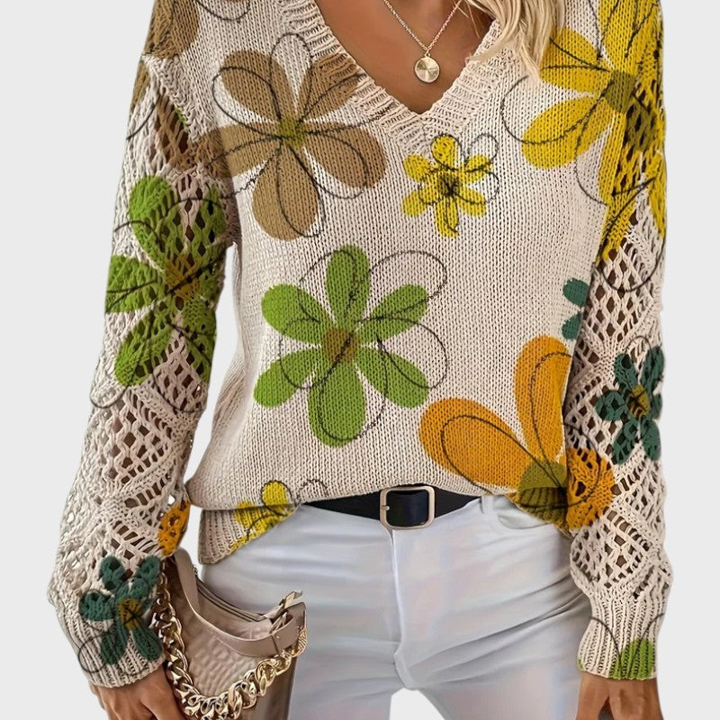 Sophia – Elegant V-Neck Floral Knit Sweater