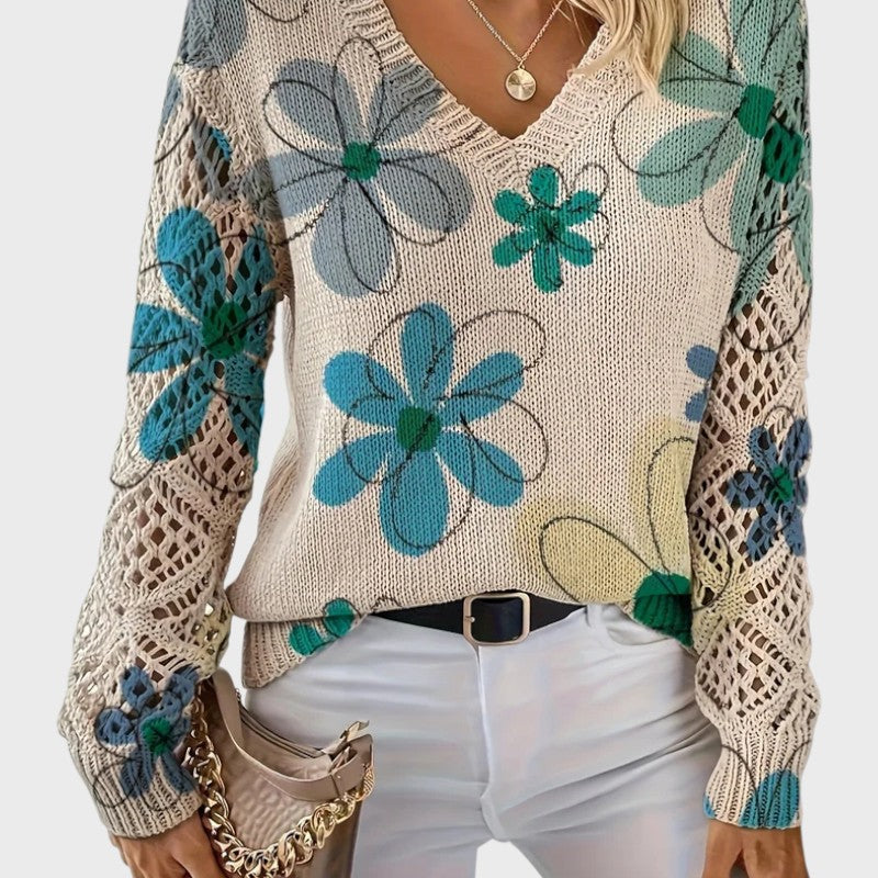 Sophia – Elegant V-Neck Floral Knit Sweater