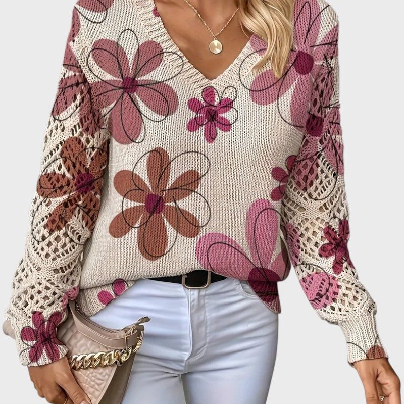 Sophia – Elegant V-Neck Floral Knit Sweater