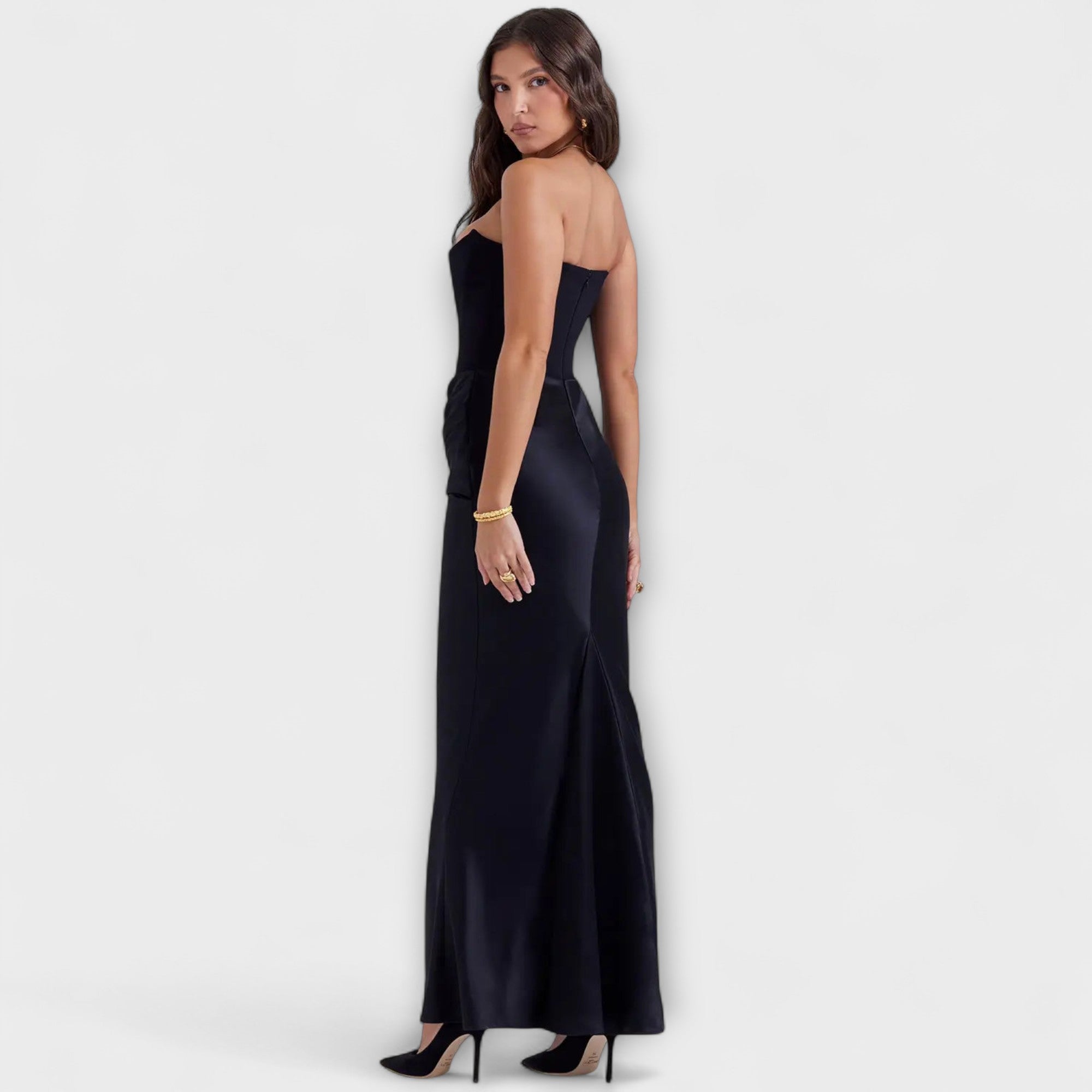Off-the-Shoulder Satin Maxi Dress with Draping