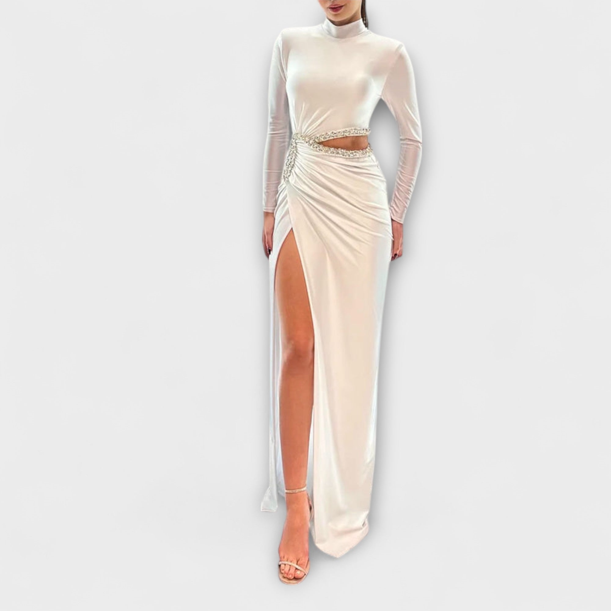 Selah - White Long Sleeve Dress with Waist Cutout and Rhinestone Accents