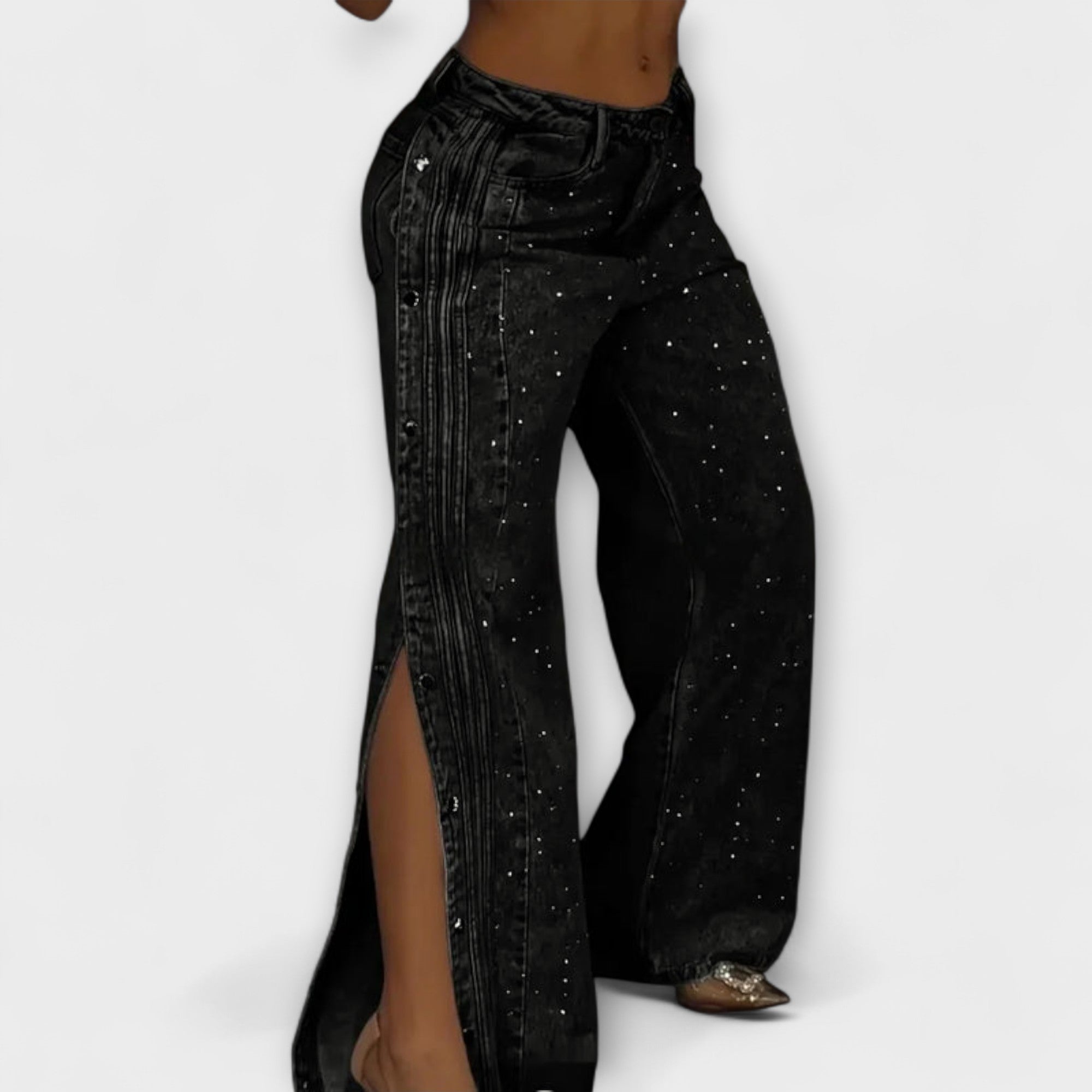 Nola - High-Waisted Jeans with Rhinestone Embellishments and Side Buttons