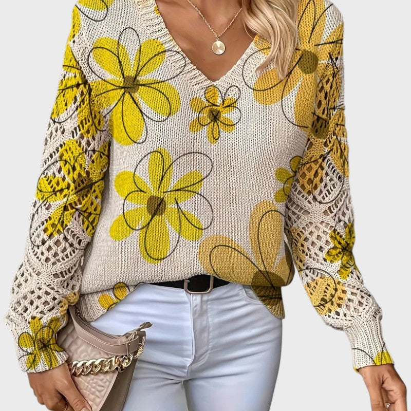 Sophia – Elegant V-Neck Floral Knit Sweater